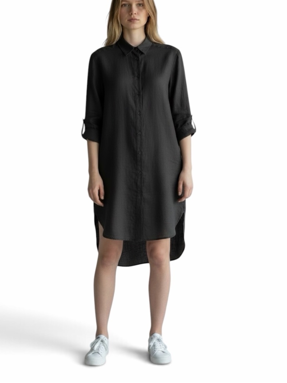 ESCADA SPORT Black 100% Linen Longline Button-Front Tunic Shirt Dress - Size 32